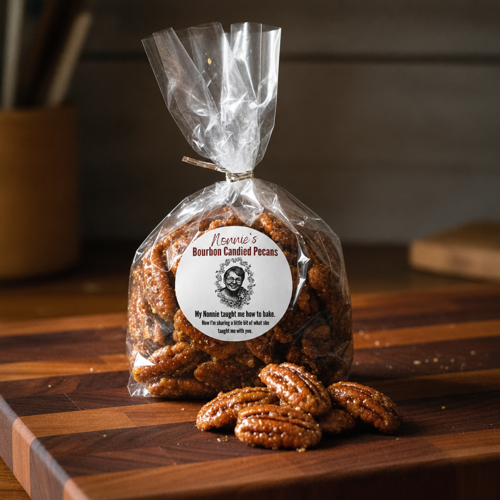 Bourbon Candied Pecans with Circular Label