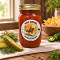 Pickle salsa jar from new upload on rustic wood with dill, pickles, and chips