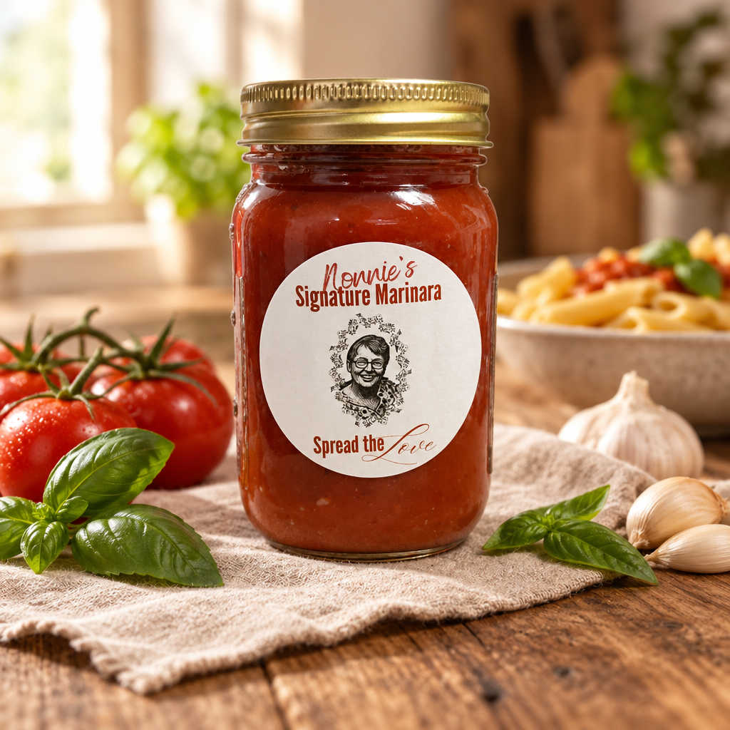 Signature Marinara jar on rustic wood with tomatoes, basil, and garlic